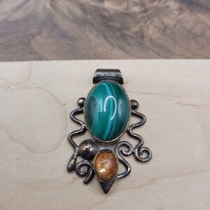 Vintage Southwest 925 Scrollwork‎ Malachite And Amber Pendant